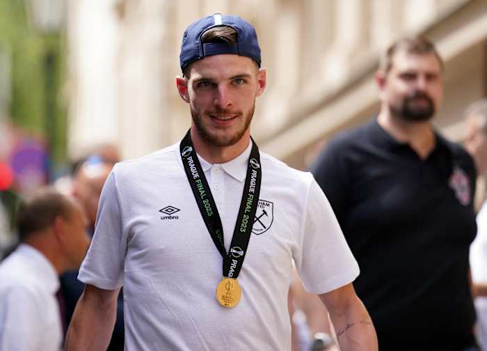 Declan Rice pictured wearing his UEFA Europa Conference League winners medal the day after leading West Ham to victory over Fiorentina in the 2023 final in Prague